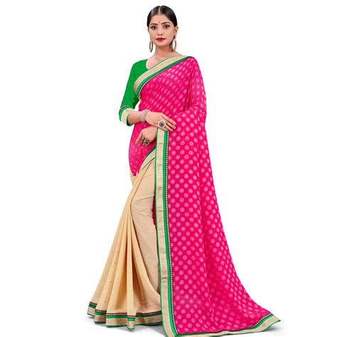Attractive Pink-Beige Colored Party Wear Georgette Half-Half Saree