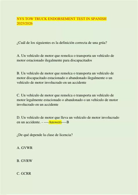 NYS TOW TRUCK ENDORSEMENT TEST IN SPANISH 2025/2026 - NYS TOW TRUCK ...
