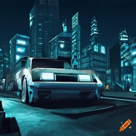 Futuristic metal city with souped up cars racing through the streets on ...