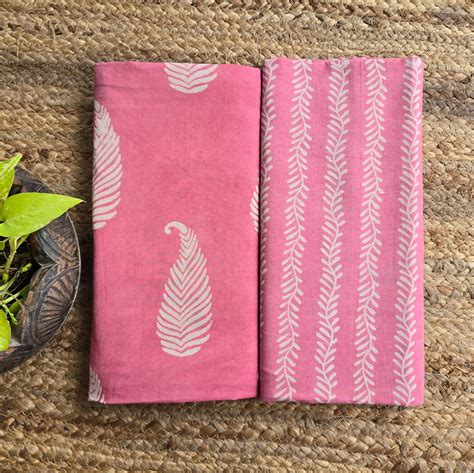 Top Bottom Combo Pure Cotton Dabu Pink With Cream Kairi Motif Hand Blo ...