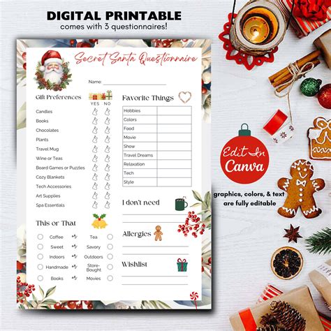 Printable secret santa gift exchange questionnaire holiday gift exchange form christmas party ...
