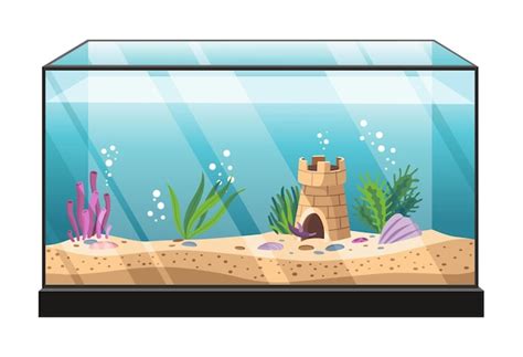A clipart image of an aquarium with various aquatic plants and a small ...