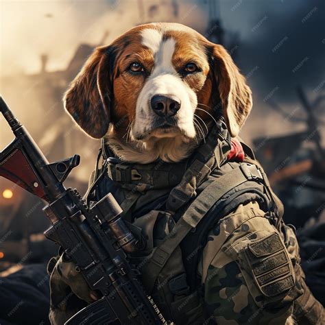 Premium AI Image | a dog with a gun in his mouth is holding a gun