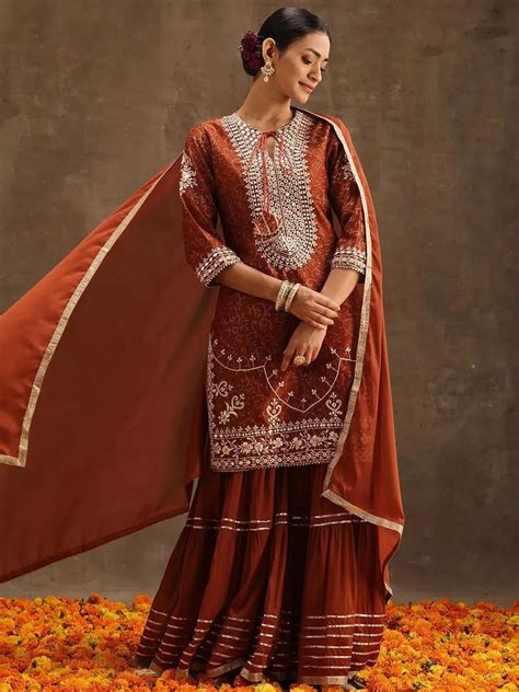 Buy Rust Yoke Design Silk Blend Straight Kurta With Sharara & Dupatta ...