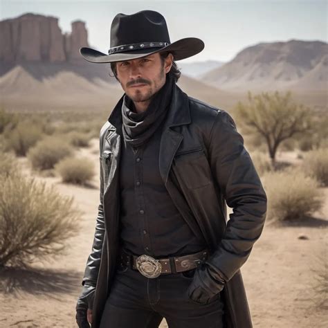 Epic cowboy in black jacket outfit, wearing cowboy h...