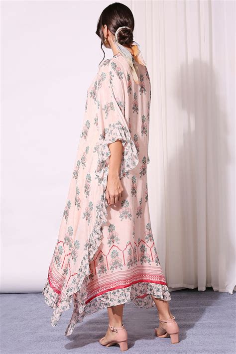 Floral Printed Kaftan With Ruffles And Neck Tie-Up | Sougat Paul