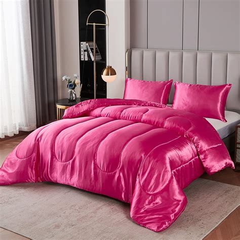 Amazon.com: Satin King Comforter Sets Silk Like Hot Pink Comforter ...