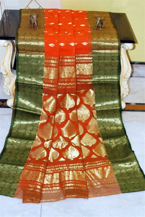 Rich Pallu Bengal Handloom Cotton Saree in Orange and Green – Bengal ...