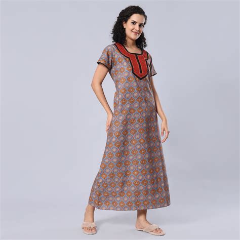 Evolove Women's 100% Cotton Printed Maxi Nighty Sleepwear Super Comfor ...