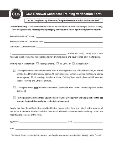 2015 CDA Renewal Candidate Training Verification Form - Blank Fillable ...