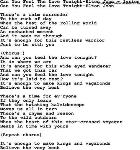 Love Song Lyrics for:Can You Feel The Love Tonight-Elton John | Baby ...