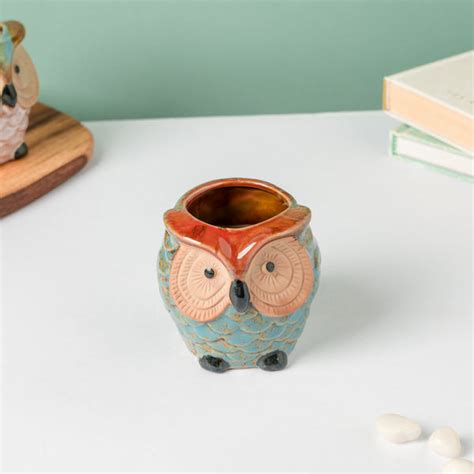 Seacrest Owl Blue Ceramic Planter With Wooden Coaster Online - Premium ...