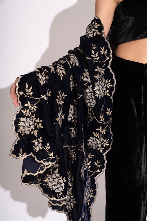 Deep Blue Zari Embroidery Velvet Stole – House of Inari