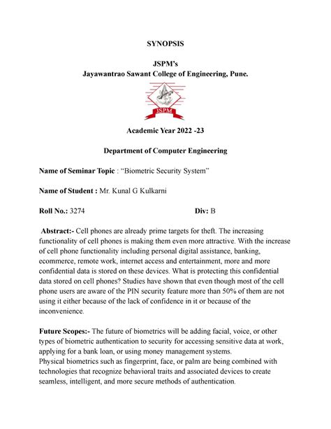 3274-Biometric Security System - SYNOPSIS JSPM’s Jayawantrao Sawant ...