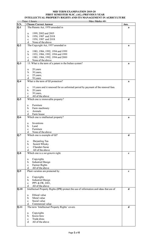 IPR Question Bank - MID TERM EXAMINATION 2019- FIRST SEMESTER M. (AG ...
