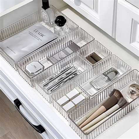 7 PCS Clear Drawer Organizers Bins, 4-Size Stackable Makeup Drawer ...