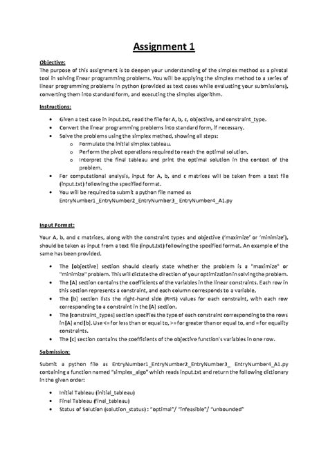 Assignment 1 - You will be applying the simplex method to a series of ...
