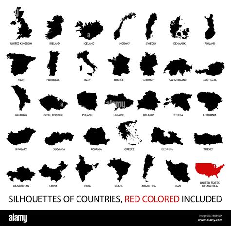 Silhouettes of Countries from Europe and America in black and red color isolated on white Stock ...