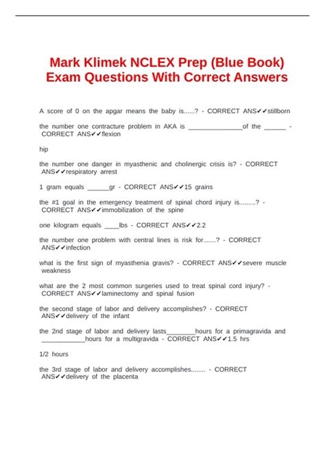 Mark Klimek NCLEX Prep (Blue Book) Exam Questions With Correct Answers ...