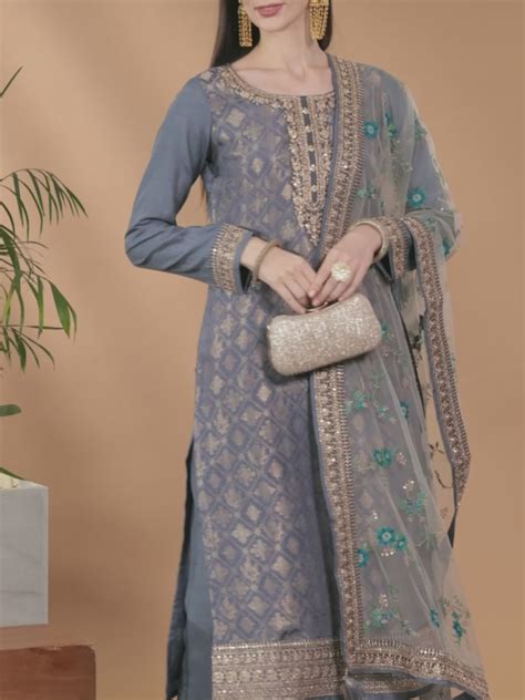 Buy Grey Self Design Silk Blend Straight Kurta With Dupatta Online at ...