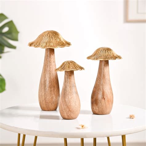 Gold Mushrooms Wooden Decor Showpieces Set Of 3 Online - Premium Decor ...