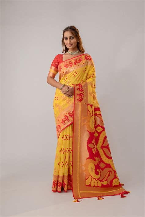 Patola Linen Yellow Saree – Varyam