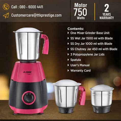 Judge By Prestige 750 Watts Aura Mixer Grinder with 3 Stainless Steel ...
