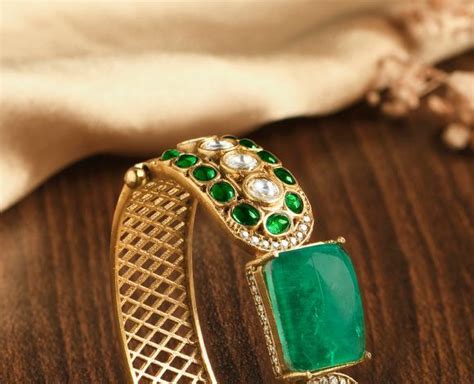 Gold Toned Green Handcrafted Brass Bangle