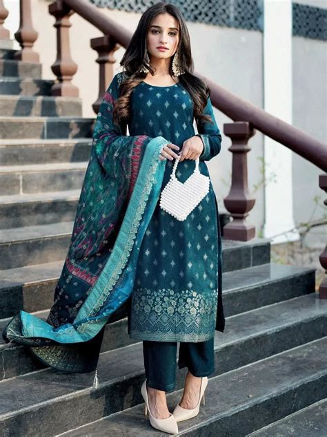 Buy Teal Self Design Pashmina Wool Straight Kurta With Dupatta Online ...