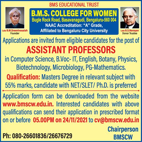 Assistant Professors job vacancy at B.M.S. College for Women.