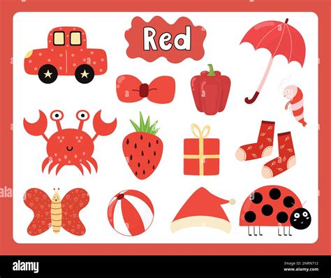 Set of red color objects. Primary colors flashcard with red elements ...