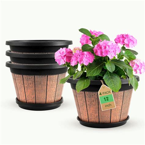 4 Pack 10 inch Plant Pots,Upgrade Whiskey Barrel Planters with Drainage ...