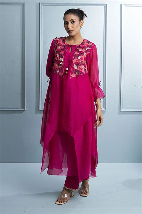 Shop Pink Asymmetric Layered Embroidered Kurta & Pant Set by THE WHITE ...