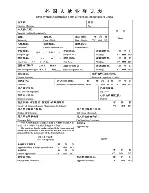 Employment Registration Form of Foreign Employees in China - Blank ...