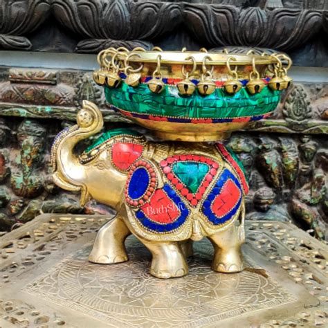 Buy Engraved Elephant brass urli with ghungroo inlay stonework ...