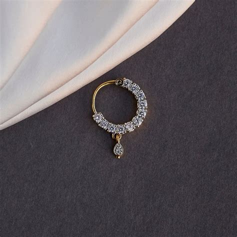 American Diamond Gold Silver Plated Pierced Round Nose Pin - Opal Touch