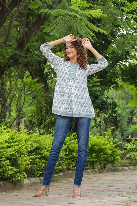 Women Blue and Off-White Printed A-Line Kurti – Rain & Rainbow