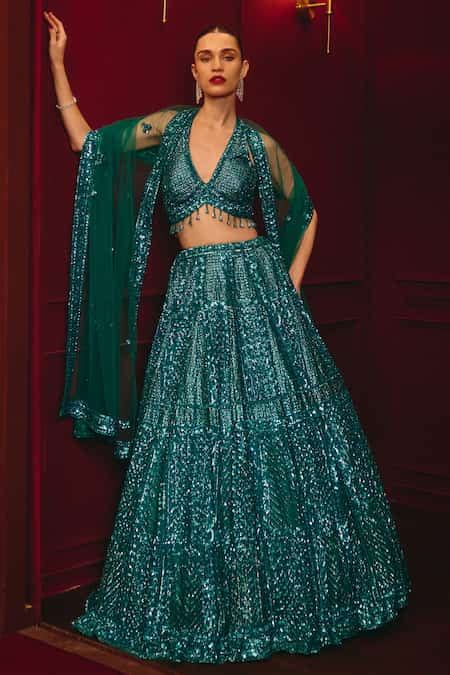 Buy Teal Net Sequins, Tassels Halter Neck Azure Dynasty Embroidered ...