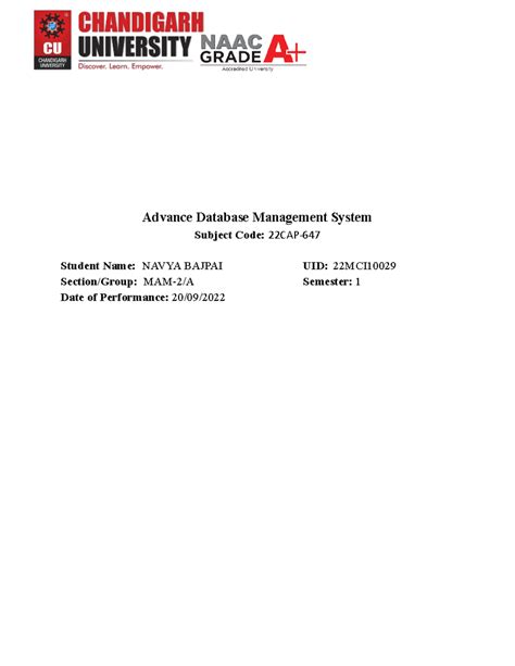 22MCI10032 experiment 1 1 cu adbms - Advance Database Management System ...