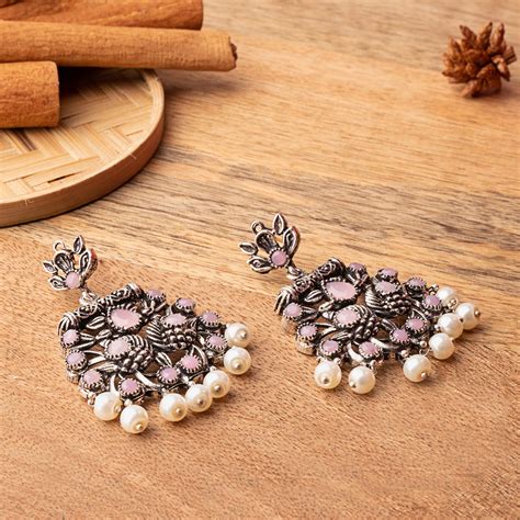 Baby Pink Stone Studded Danglers With Hanging Pearls – StylishKudi