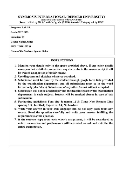 17010125239 ADRS - Final Answer Paper and Analysis on Arbitration Act ...