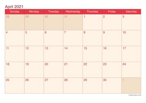 April 2021 Printable Calendar - icalendars.net