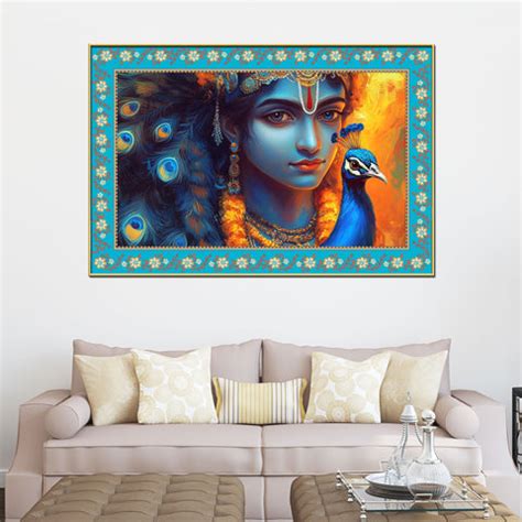 Lord Krishna with Peacock Floral Border Canvas Wall Painting – Decors ...