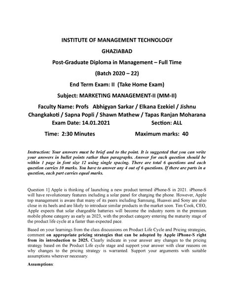 QP-MM-II - INSTITUTE OF MANAGEMENT TECHNOLOGY GHAZIABAD Post-Graduate ...