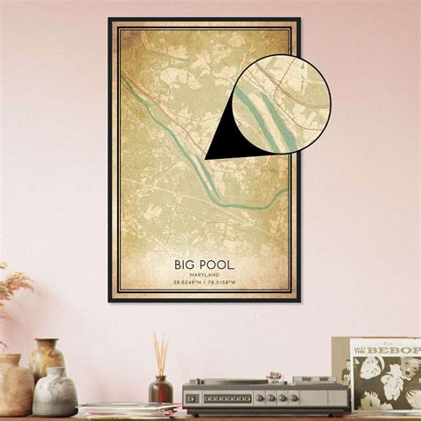 Vintage Big Pool Maryland Map Poster, Big Pool MD City Road Wall Art ...