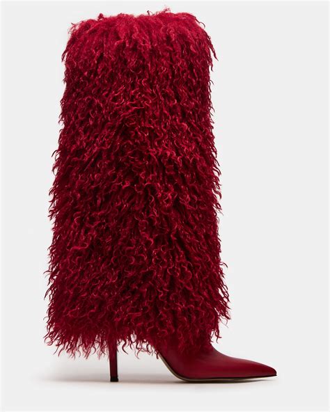 ICON Red Pointed-Toe Faux Fur Knee-High Stiletto Heel Women's Boot ...