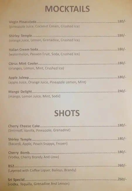 Menu at Sri, Vagator, Aguada - Siolim Rd