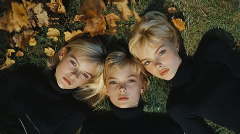 Three young girls in black turtlenecks lying on grass with autumn ...
