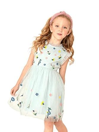 Cherry Crumble Sky Blue Floral Embroidered Net Cambric Sleeveless Girls ...
