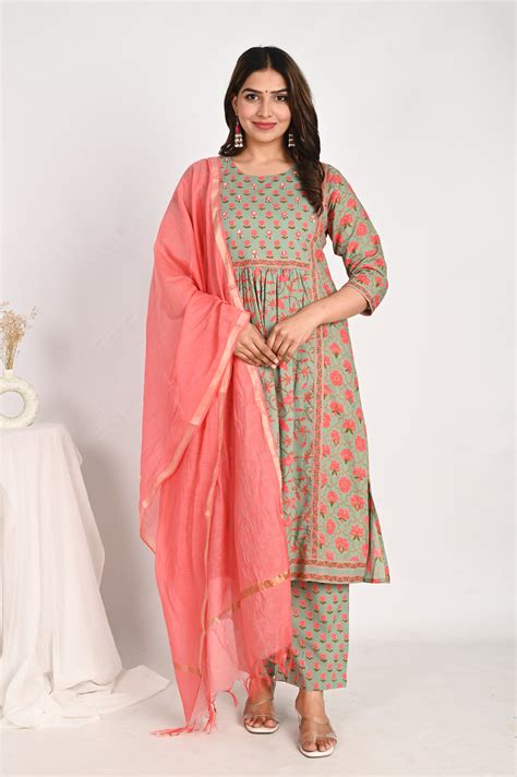 Green Gathered Floral Kurta Set